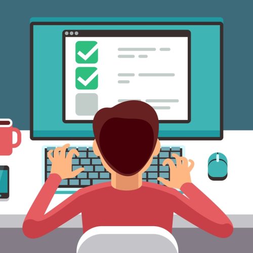 Man at computer filling online questionnaire form. Survey vector flat concept. Feedback and questionnaire online, survey and report illustration